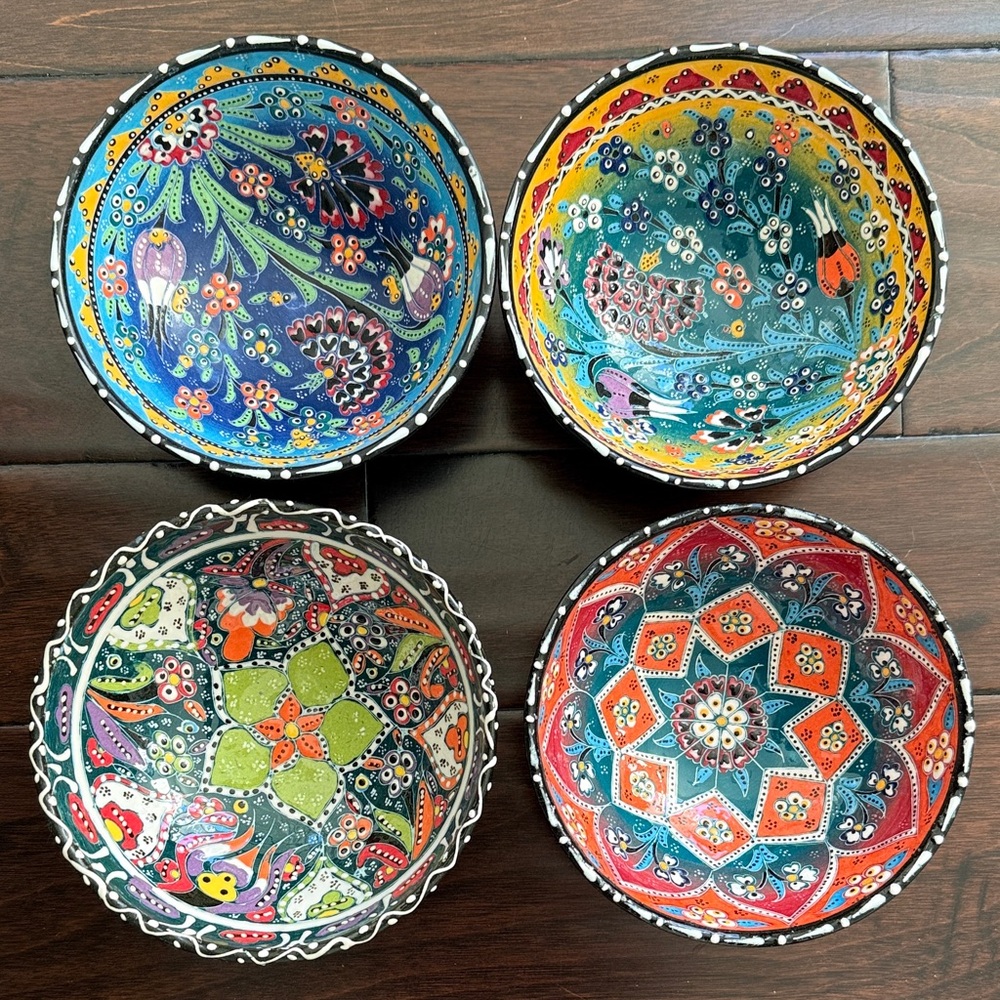 Hand Painted Turkish Ceramic Bowls – Colorful Anatolian Pottery – Set of 4